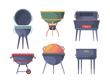 Grill stand. Bbq traditional outdoor picnic party items preparing hot steak stove burn vector illustrations. Fire cooking grill, equipment barbeque collectionのイラスト素材