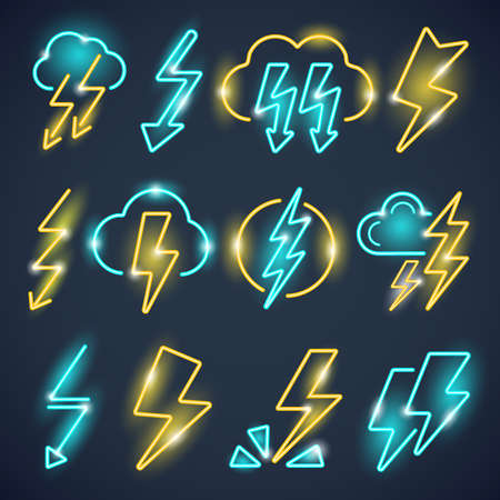 Neon lightning. Powerful thunder symbols glow lightning collection vector colored set. Illustration thunder lightning, energy electric lightのイラスト素材