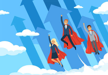 Business hero background. Flying managers power of superhero good teamwork successful people helping employees vector business concept. Hero business team, success businessman power illustrationのイラスト素材
