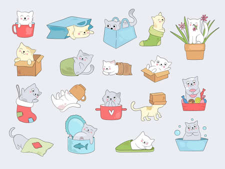 Cat in cups. Relaxing cute little kitty hide in cup or slippers vector funny illustrations. Cute kitty animal hide in socks and slippers collectionのイラスト素材
