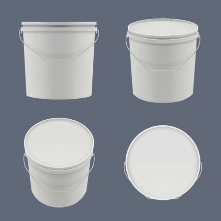 Plastic buckets. Yoghurt or construction liquids containers packages templates vector empty buckets. Container bucket for paint, realistic canister illustrationのイラスト素材