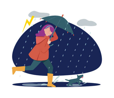 Rainy walking with dog. Girl with umbrella in storm weather, autumn season. Pet holder walk time vector illustration. Girl and dog under umbrella in rainy autumnのイラスト素材