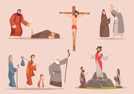 Christian characters. Spiritually antique journey holy bible people jewish vector narrative vector persons set. Christianity legend, character christian myth, bible history illustrationのイラスト素材