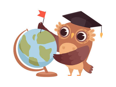 Clever owl. Cartoon wild bird with globe and university hat. Geography teacher, dreams about travel vector illustration. Education owl at school, animal study at universityのイラスト素材