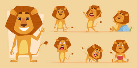 Lion cartoon. Wild african animal in action poses safari lions characters vector isolated. Lion predator happiness and scary, hungry and friendly mascot illustrationのイラスト素材