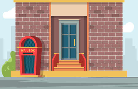 Post mail box. Urban landscape with mailbox near house messages container vector background. Mail post box near house illustrationのイラスト素材