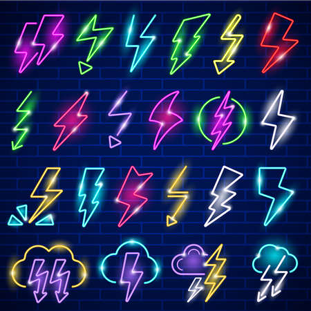Glow neon lightning. Led panel flashes thunder lightning vector icon. Illustration glow thunder panel entertainment icon, billboard lightning symbolのイラスト素材