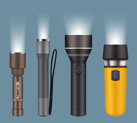 Flashlights. Electric handy flashlights for camping night searching lamp vector realistic collection. Illustration flashlight electric with battery, spotlight lamp portableのイラスト素材