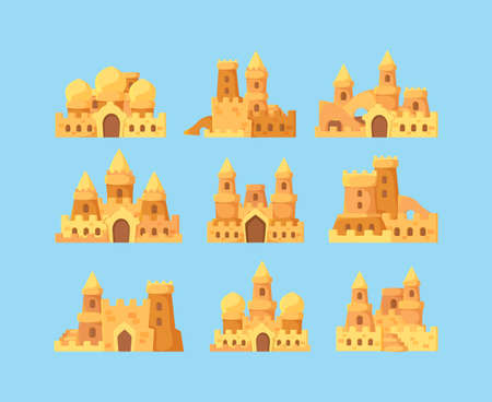 Sandcastles for kids. Vacation activities children builders making sandcastles fortress palace near ocean vector cartoon. Fortress childhood, cartoon making palace illustrationのイラスト素材