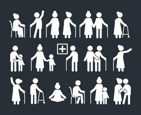 Seniors pictogram. Elderly people standing in various poses old parents insurance humans vector symbols. Illustration grandparent generation, elderly character silhouette, retirement parentsのイラスト素材