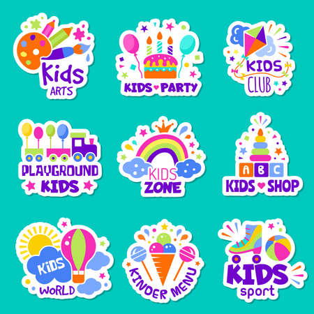 Toys shop identity creative children club badges kids playing zone symbols vector collection. Illustration sticker badge, kid playroom  and place areaのイラスト素材
