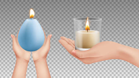 Hands holding candles. Realistic lights, religion symbols. Holiday decorative lighting vector elements. Candle light in hand, flame holding hand illustrationのイラスト素材
