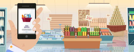 Grocery store mobile app. Food delivery, hand holding smartphone. Online shopping and supermarket interior vector illustration. App grocery online, store food in smartphoneのイラスト素材