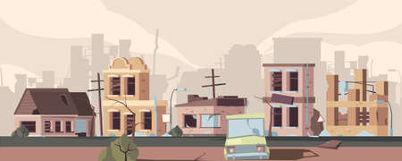 Apocalypse damaged city. Urban landscape with destroyed houses decay trouble buildings catastrophe vector concept. Damage building, damaged and trouble apocalypse, ruin collapse illustrationのイラスト素材