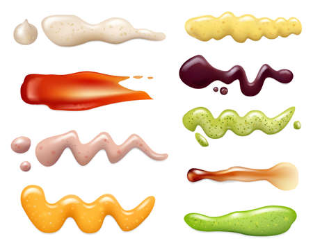 Sauce splashes. Liquid tomato for barbeque curry delicious food ingredients mayonnaise vector realistic templates set. Illustration barbeque sauce, realistic mayonnaise creamのイラスト素材