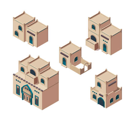 Arabic houses. Isometric sandy authentic old buildings isometric antique arab construction vector set. Exterior african isometric building illustrationのイラスト素材
