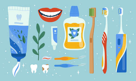 Dentist accessories. Oral dental hygiene items mouth brush apples cleaning tools teeth vector set....