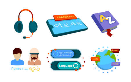 Translator icon. Concept pictures of foreign national language interpretation services bilingual translator vector set. Translation and communication with web dictionary. Vector illustrationのイラスト素材