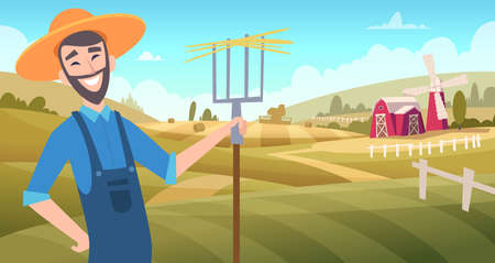 Farmers at field. Harvesting gardeners working at farm agricultural vector cartoon background. Illustration farm agriculture, man farmer gardening with pitchforkのイラスト素材
