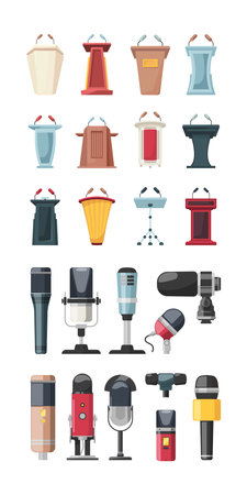 Conference stage. Podiums for speakers business tribune with microphones fashion audience vector. Illustration stage seminar and speaker, podium meetingのイラスト素材