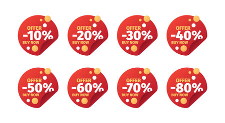 Sales badges. Promo banners with numbers and percent 10 price discounts 50 off 70 special offers vector emblem design. Offer label discount, shopping commerce illustrationのイラスト素材