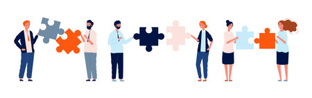 Teamwork business characters. Man woman holding puzzle pieces, collaboration vector illustration. Teamwork puzzle solution, businessman partner and teamのイラスト素材