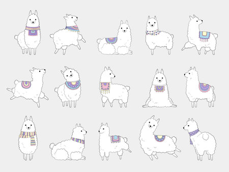Funny llamas. Cute alpaca camel and wild lamas ethnic animals vector doodle characters. Illustration llama wildlife, farm zoo lama, guanaco domesticのイラスト素材