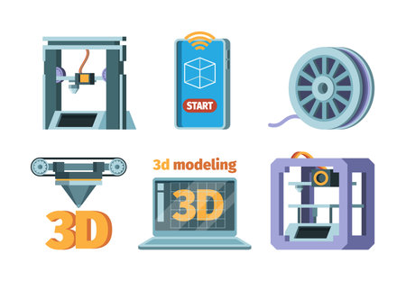 3d printing icon. Dimensional printer prototypes future technology smart print technics vector flat...