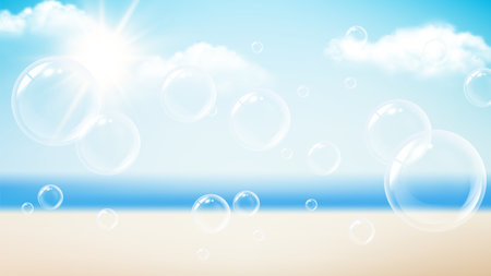 Transparent bubbles. Summer vacation background, beach ocean sun day. Flying soap foam, water bubble vector banner. Transparent realistic bubble, translucent blowing illustrationのイラスト素材