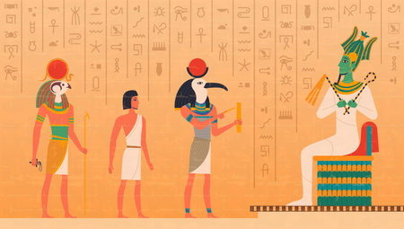 Egypt mural. Cultural ancient characters painting on wall historical egyptian background with gods osiris pharaoh anubis exact vector set. Illustration egyptian hieroglyph, pharaoh egyptologyのイラスト素材