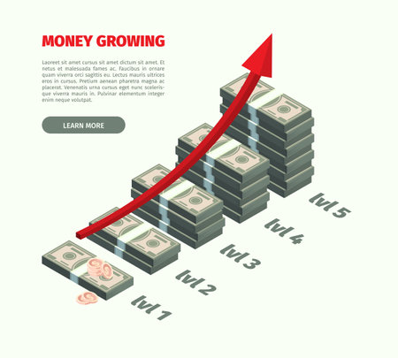 Growth money. Dollars stack investment profitability concept value diagram garish vector isometric illustrations. Stack cash investment growthのイラスト素材