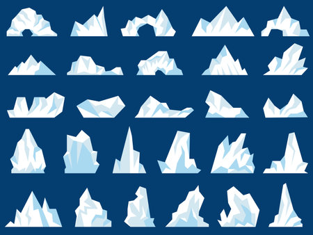 Iceberg illustrations. Crystal freezing mountains snow hills in ocean north pole antarctic frost recent vector pictures. Antarctic peak iceberg, north frost ice illustrationのイラスト素材