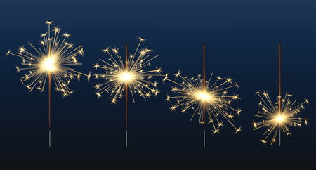 Bengal lights. Celebration birthday glow elements fire sparkler decent vector realistic illustrations. Storyboard sparkler to holiday, night glowのイラスト素材