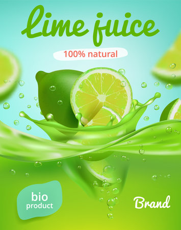 Lime juice poster. Ads placard with fresh fruits and juice splashes healthy liquid products tonic or mojito vector realistic illustrations. Lime juice, tropical juicy fruit, citrus vitamin advertisingのイラスト素材