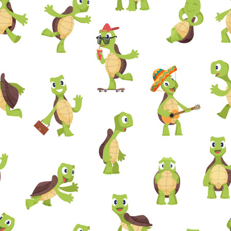 Turtles pattern. Funny kids cartoon turtle, happy cute animals vector seamless texture. Illustration tortoise animal adorable, funny aquatic mascotのイラスト素材