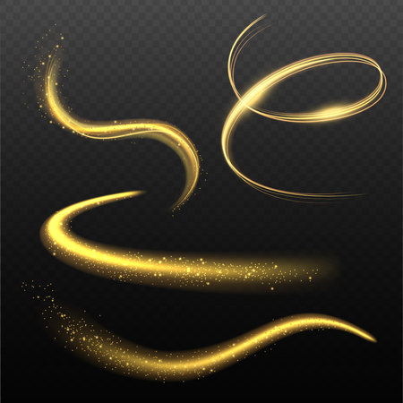 Glowing effects. Lighting shapes with sparks magical powers spiral lightness painting shapes decent vector realistic collection. Effect bright and energy glow, glamour shimmer illustrationのイラスト素材