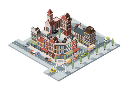 Old town isometric. Map 3d urban infrastructure retro historical houses and constructions vector buildings set. Building town isometric, city exterior facade illustrationのイラスト素材