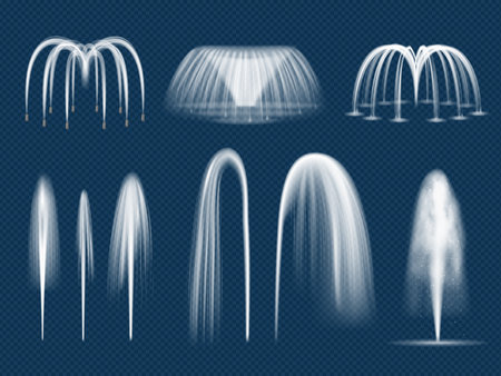 Fountain jet. Realistic decorative water outdoor splashes isolated vector templates. Fountain outdoor realistic, summer waterfall for city decor illustrationのイラスト素材