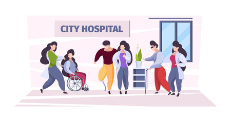 Disabled people care. Medical personal nurses and doctors helping to disabled persons in wheelchairs damages body parts garish vector background. People disabled, nursing medical illustrationのイラスト素材