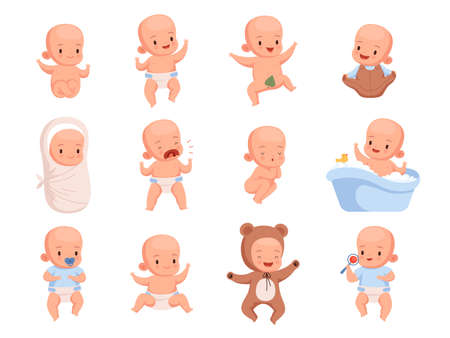New born babies. Sleeping infant childrens smile cute little characters nowaday vector illustrations. Infant and newborn baby, child smilingのイラスト素材