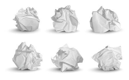 Crumpled balls. 3d garbage paper idea notes trash symbols decent vector realistic pictures. Paper garbage trash, crumpled rubbish illustrationのイラスト素材