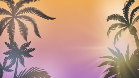 Palm background. Summer sunset, sunshine between branches. Seasonal party background, sunburst and tree silhouettes vector illustration. Natural outdoor beauty to vacation and travelのイラスト素材