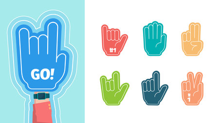 Fans fingers. Hands gestures for stylized cheering gloves victory thumbs up two one fingers vector symbols isolated on white background. Number glove souvenir to support competition team illustrationのイラスト素材