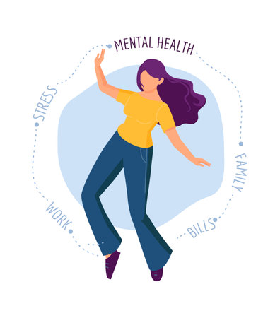 Emotional burnout. Girl needs psychological help, depression or fatigue. Life problems and crises, mental disorder. Woman stress and burnout illustrationのイラスト素材