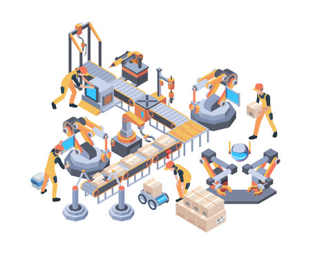 Conveyors belt. Machinery packaging moving wheel industry line vector factory isometric. Conveyor belt, machinery production gear illustrationのイラスト素材