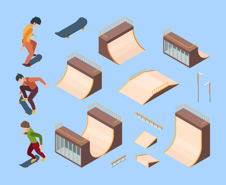 Sport skate park. Outdoor activities urban teenagers skaters in action poses jumping on trampoline and railings vector isometric set. Skateboarding outdoors park, fun action illustrationのイラスト素材