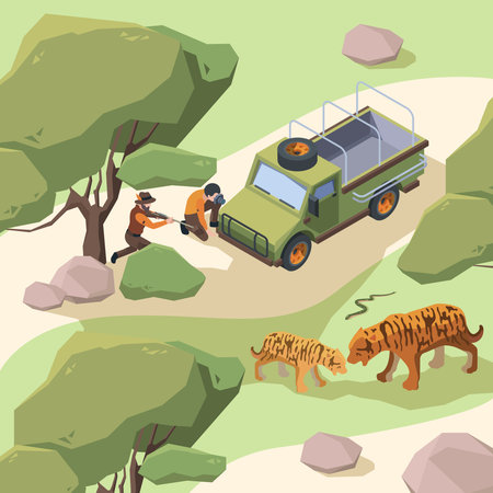 African tourists at road. Wild safari desert adventure concept vector flyer or background garish template. Journey zoological explorer, savanna tourism safari illustrationのイラスト素材