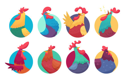 Rooster avatars. Cartoon chicken and roosters, colorful farm birds stickers vector set. Illustration rooster avatar, chicken animal colorのイラスト素材