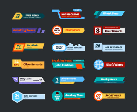 Breaking news banners. Headers text for hot news and sport broadcast communication garish vector shapes design. Hot breaking news, report headline tv illustrationのイラスト素材