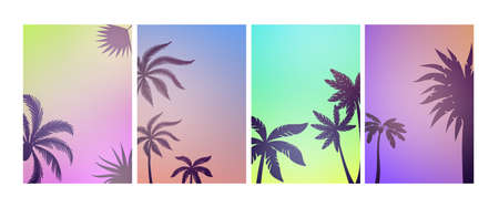 Palm beach posters. Summer background, colorful tree vintage banners. Seasonal party empty flyers...